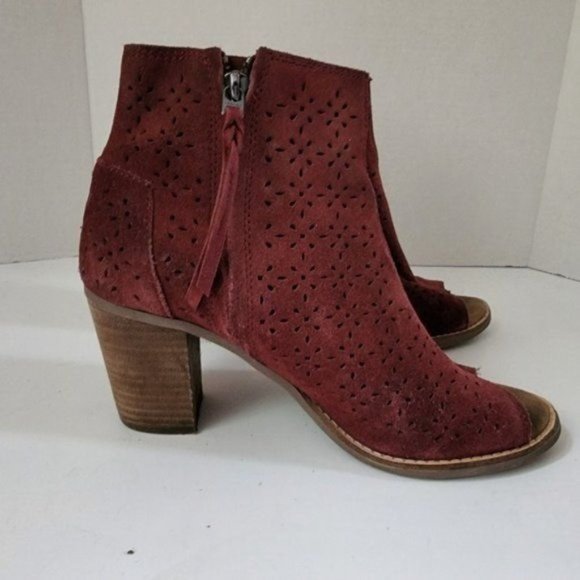 Tom's Majorca Peep Toe Perforated Ankle Booties Burgundy Size 9.5 Suede - Picture 4 of 8